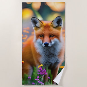 Red Fox in Field of Wildflowers Beach Towel