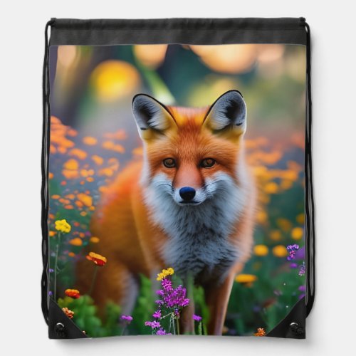 Red Fox in Field of Wildflowers  Drawstring Bag