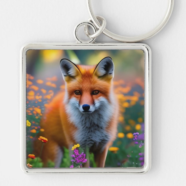 Red Fox in Field of Wildflowers   Keychain (Front)