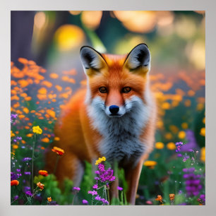 Red Fox in Field of Wildflowers  Poster
