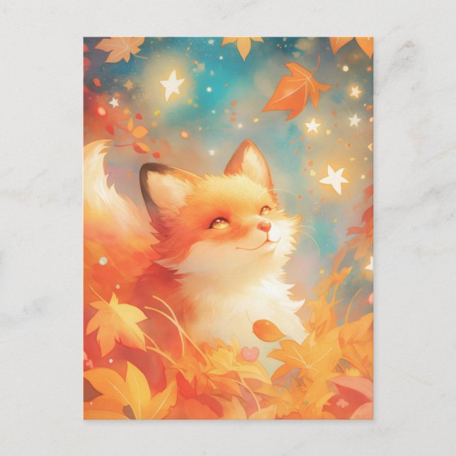 Red Fox in Magical Autumn Night Postcard (Front)