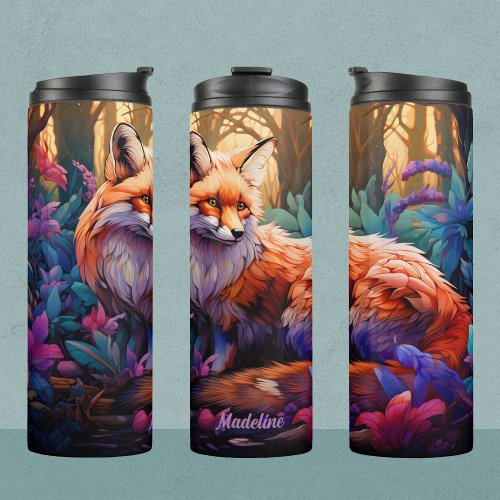 Red fox in magical forest thermal tumbler