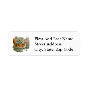 Red Fox in Rustic Country Cottage Illustration Label