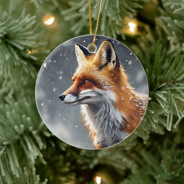 Red Fox in Snow Winter Fox Christmas Ceramic Ornament (Tree)