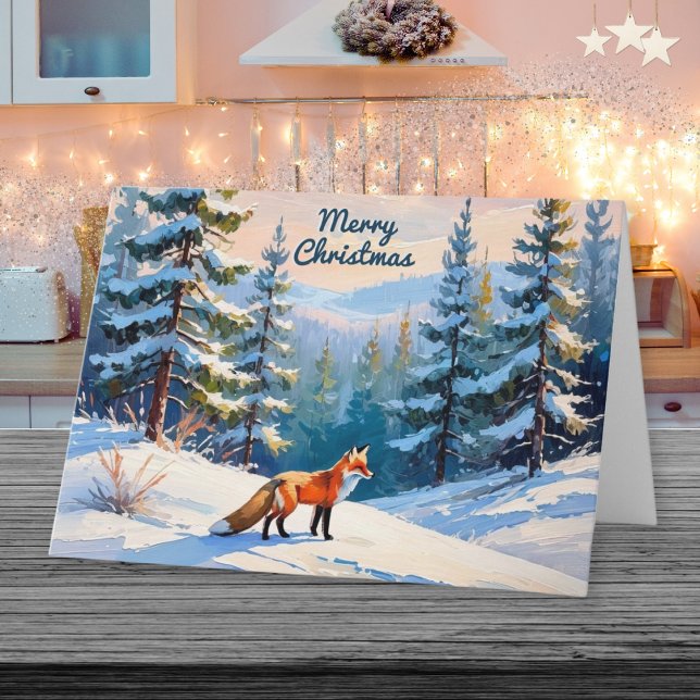 Red Fox in Snow Winter Landscape Merry Christmas Holiday Card (A Christmas card with illustration of a beautiful red fox in a snow scene with evergreen trees)