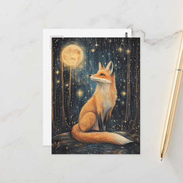 Red Fox in the Forest at Night Postcard (Front/Back In Situ)
