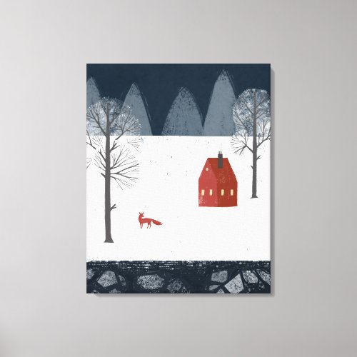 Red Fox in the Snow Near Red House in Country Canvas Print