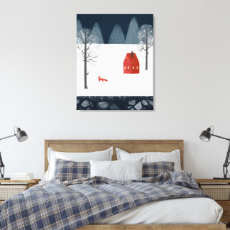 Red Fox in the Snow Near Red House in Country Canvas Print