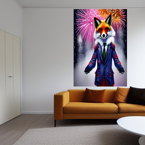 Red Fox in uniform and firework  AI Art Poster