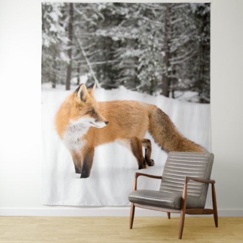 Red Fox in White Snow Tapestry