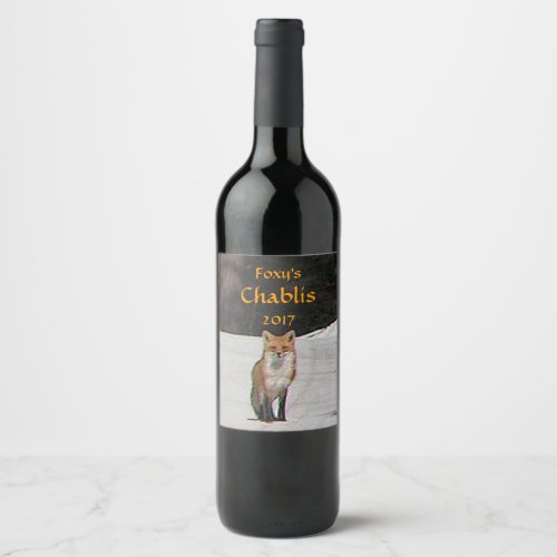Red Fox in White Winter Snow Wine Label