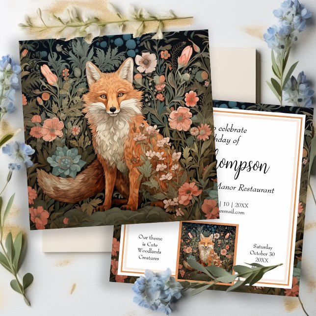 Red Fox in William Morris Style Flower Garden Invitation