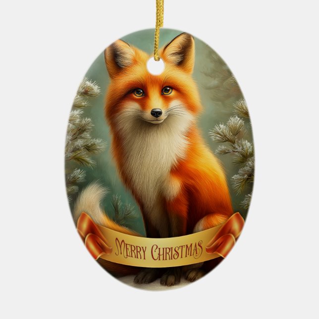 Red fox in winter forest ceramic ornament (Front)