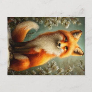 Red fox in winter forest postcard