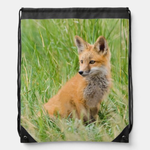 Red Fox Kit in grass near den Drawstring Bag