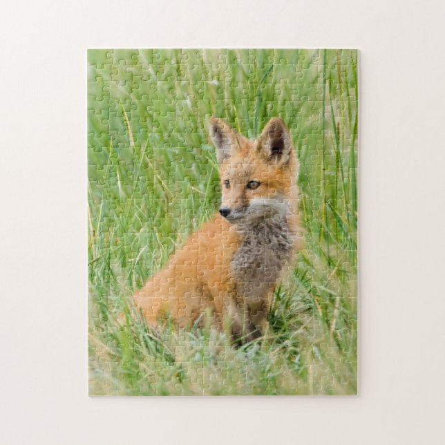 Red Fox Kit in grass near den Jigsaw Puzzle (Vertical)