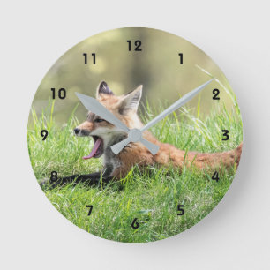 Red Fox Kit Yawning Round Clock