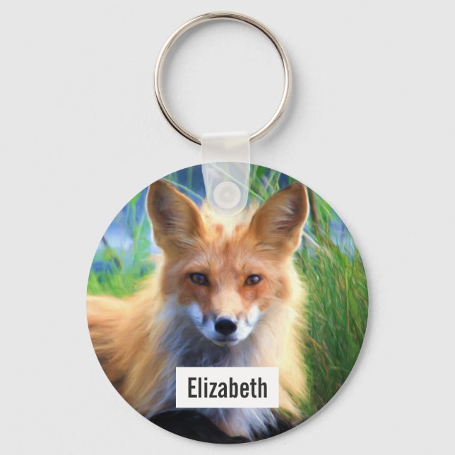 Red Fox Laying in the Grass Scenic Personalized Keychain (Front)