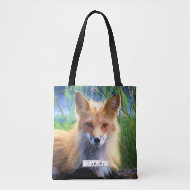 Red Fox Laying in the Grass Scenic Personalized Tote Bag (Front)