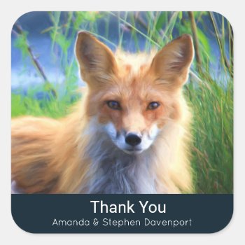 Red Fox Laying In The Grass Scenic Thank You Square Sticker by Mirribug at Zazzle