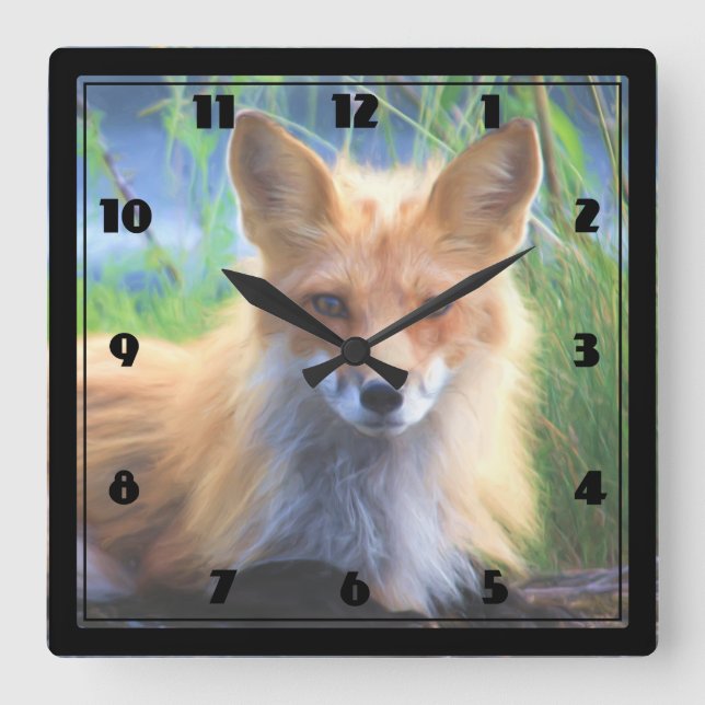Red Fox Laying in the Grass Wildlife Image Square Wall Clock (Front)
