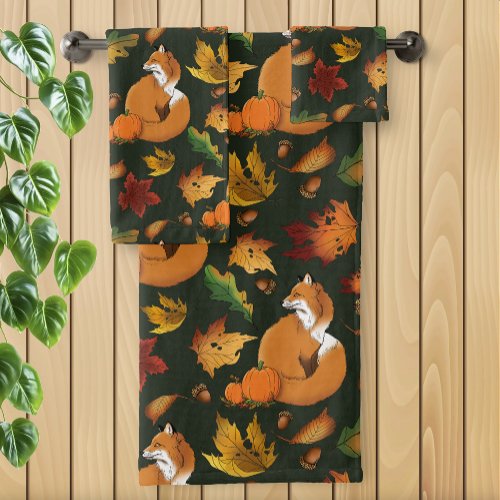 Red Fox Leaves Acorn Green Bath Towel Set