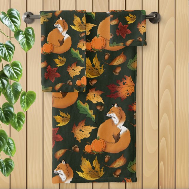 Red Fox Leaves Acorn Green Bath Towel Set (Creator Uploaded)