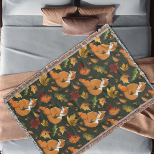 Red Fox Leaves Acorn Green Throw Blanket