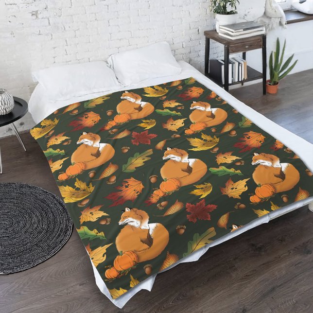 Red Fox Leaves Acorns Green Fleece Blanket (Creator Uploaded)