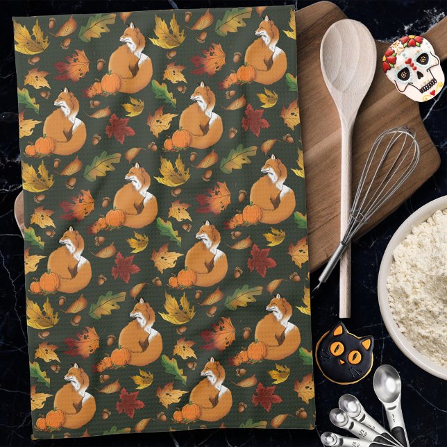 Red Fox Leaves Acorns Green Kitchen Towel (Creator Uploaded)