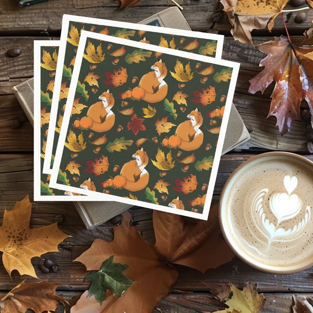 Red Fox Leaves Acorns Green Napkins (Creator Uploaded)