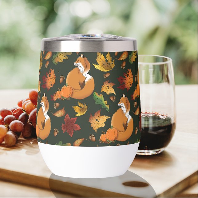 Red Fox Leaves Acorns Green Thermal Wine Tumbler (Creator Uploaded)