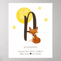 Red Fox Letter A Personalized Baby Name Nursery Poster