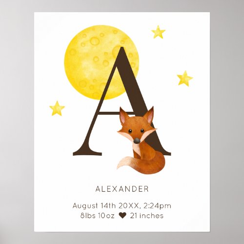 Red Fox Letter A Personalized Baby Name Nursery Poster