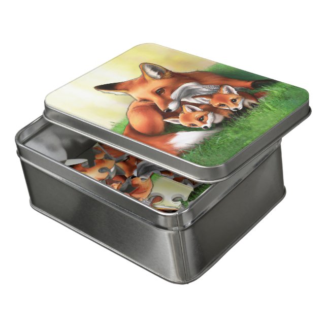 Red Fox Mother and Kits in the Grass Jigsaw Puzzle (Lid Open)