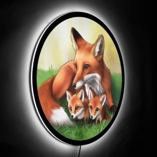 Red Fox Mother and Kits in the Grass Illuminated Nursery Nightlight