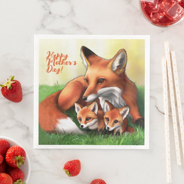 Red Fox Mother and Kits in the Grass Paper Dinner Napkins (Insitu)