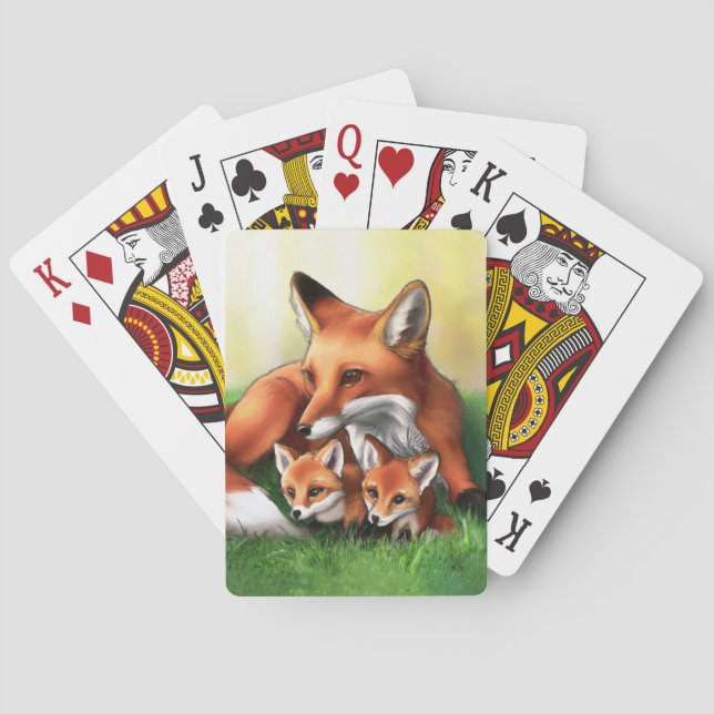 Red Fox Mother and Kits in the Grass Poker Cards (Back)