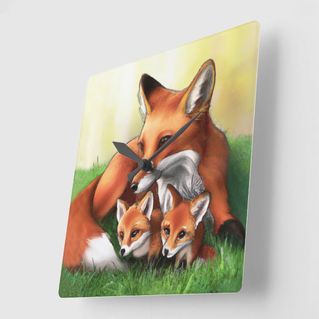 Red Fox Mother and Kits in the Grass Square Wall Clock (Angle)