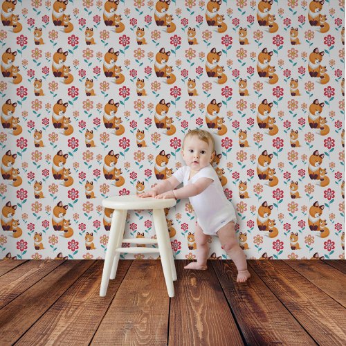 Red fox mother with baby flowers pattern nursery wallpaper 
