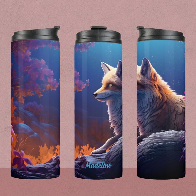 Red fox night scene thermal tumbler (Front and side views in one handy image)