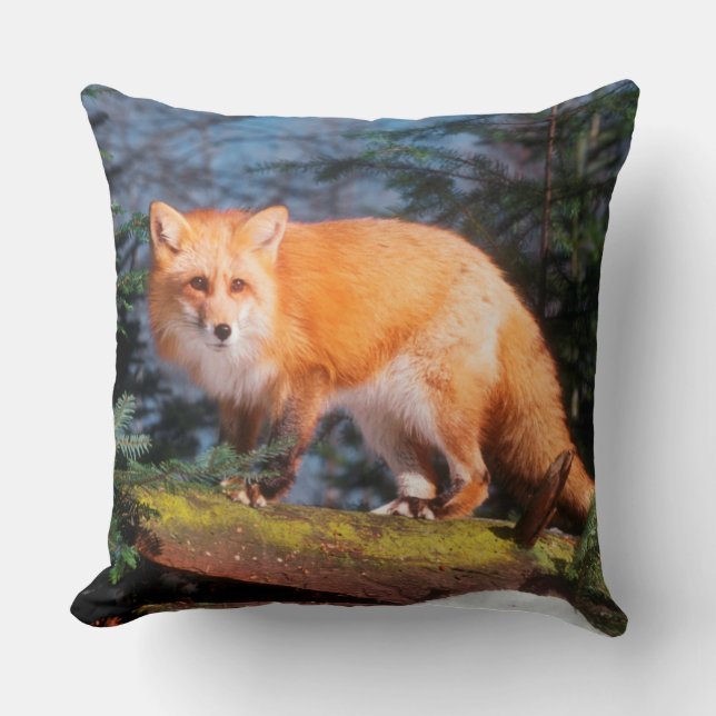 Red Fox on a log Throw Pillow (Front)