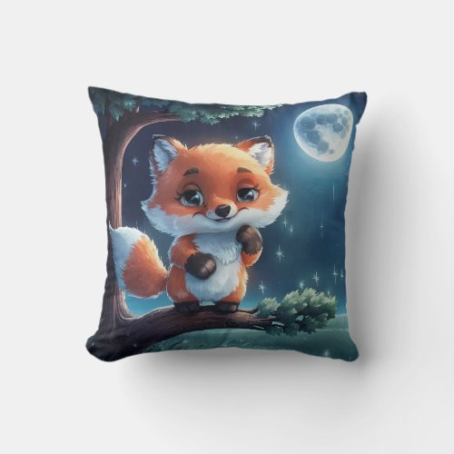 Red Fox on a Tree Branch Enjoying Full Moon Throw Pillow