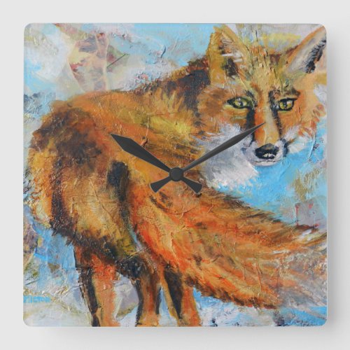 Red Fox On Full Alert Collage Art Square Wall Clock