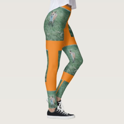 Red fox on grass at park repeat pattern leggings