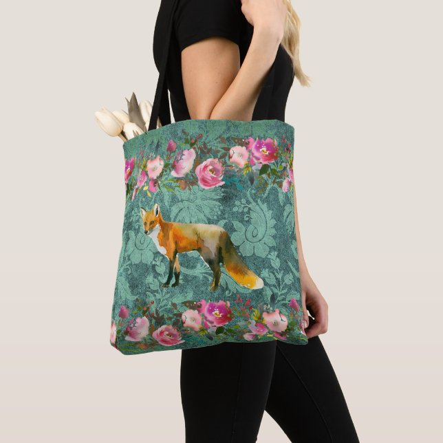 Red Fox on Green Damask Print With Pink Roses Tote Bag (Close Up)