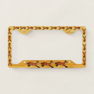 Red Fox Pack Art Running on Wood Border License Plate Frame