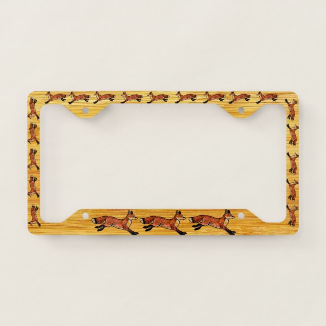 Red Fox Pack Art Running on Wood Border License Plate Frame (Front)