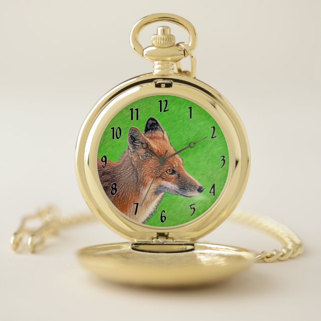 Red Fox Painting - Original Wildlife Art Pocket Watch (Inside)