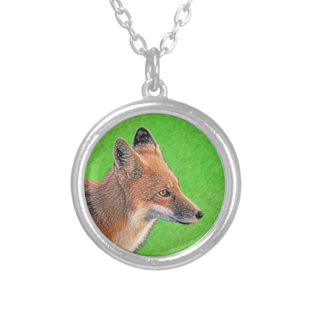 Red Fox Painting - Original Wildlife Art Silver Plated Necklace (Front)